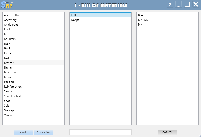bill of materials select component