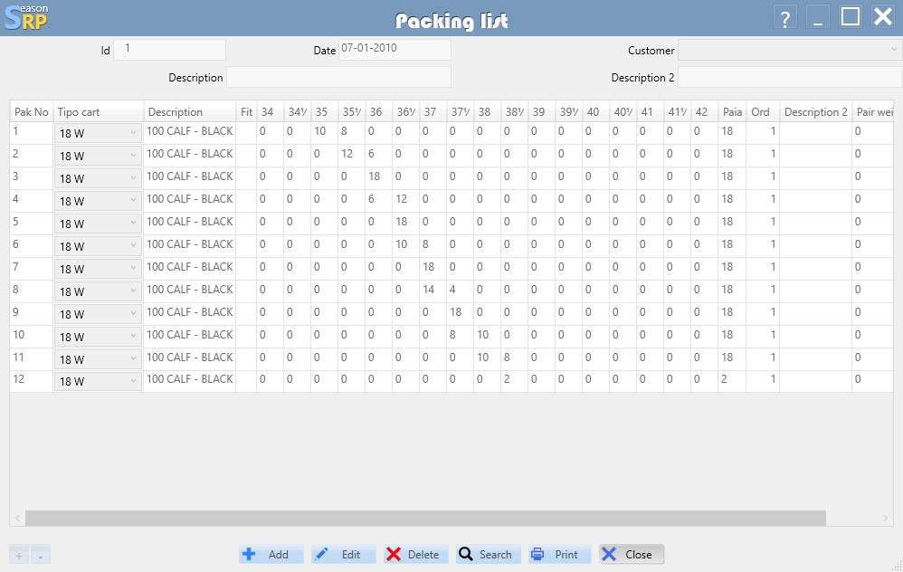 Packing list