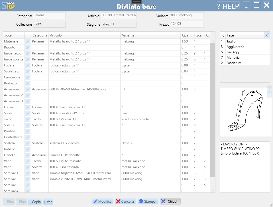 ERP software scarpe distinta base