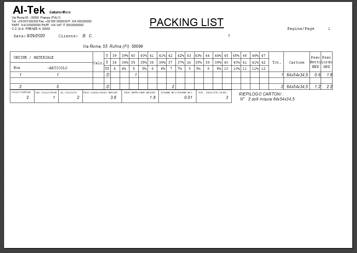 Packing list calzature