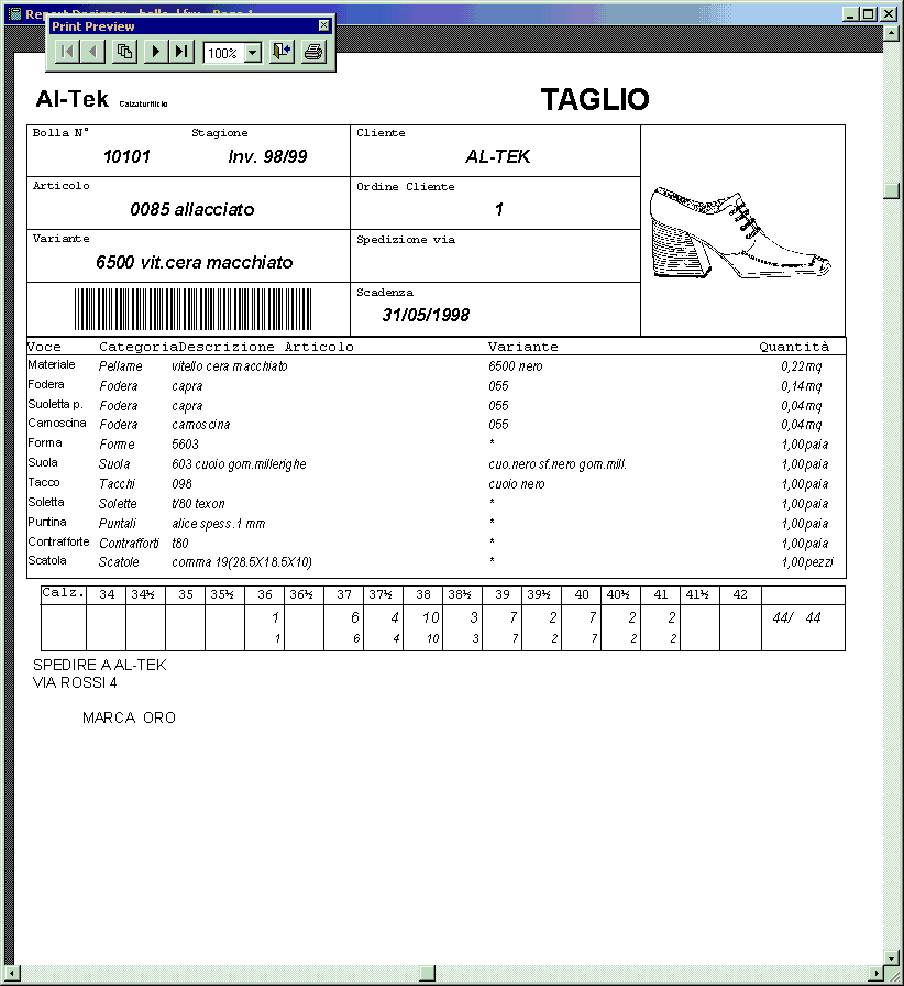 ERP software calzature bolla di lavorazione