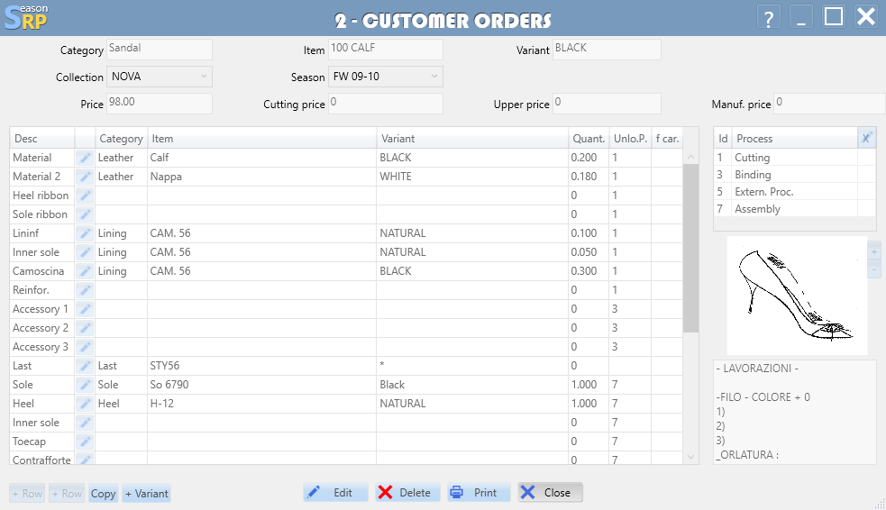 Customer order bill of materials