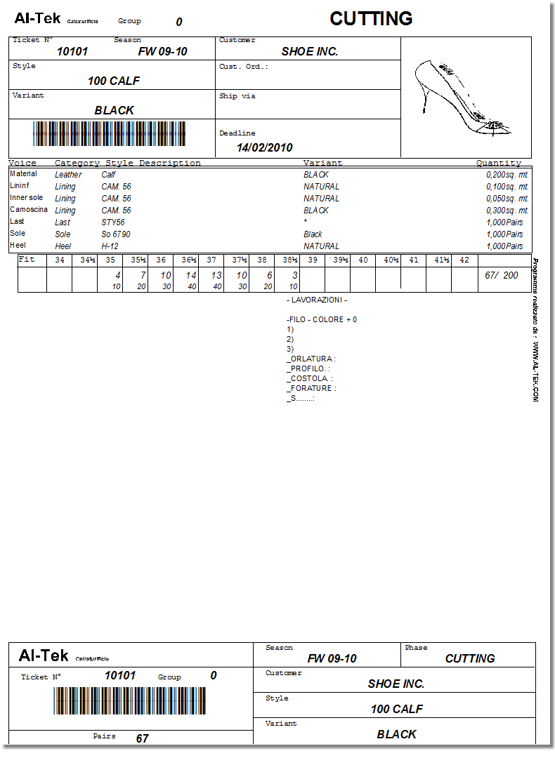 Footwear manufacturing ticket