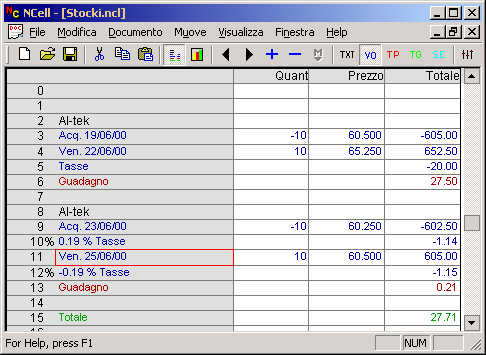 NCell foglio di calcolo esempio borsa