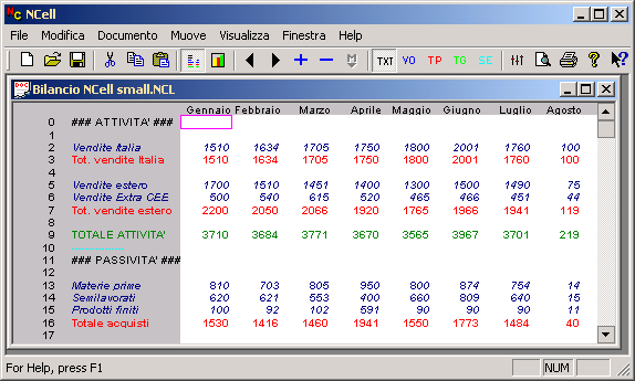 NCell spreadsheet : bilancio