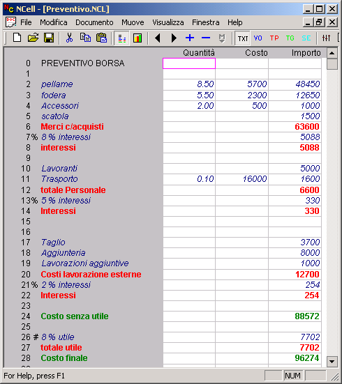 NCell foglio di calcolo esempio preventivo